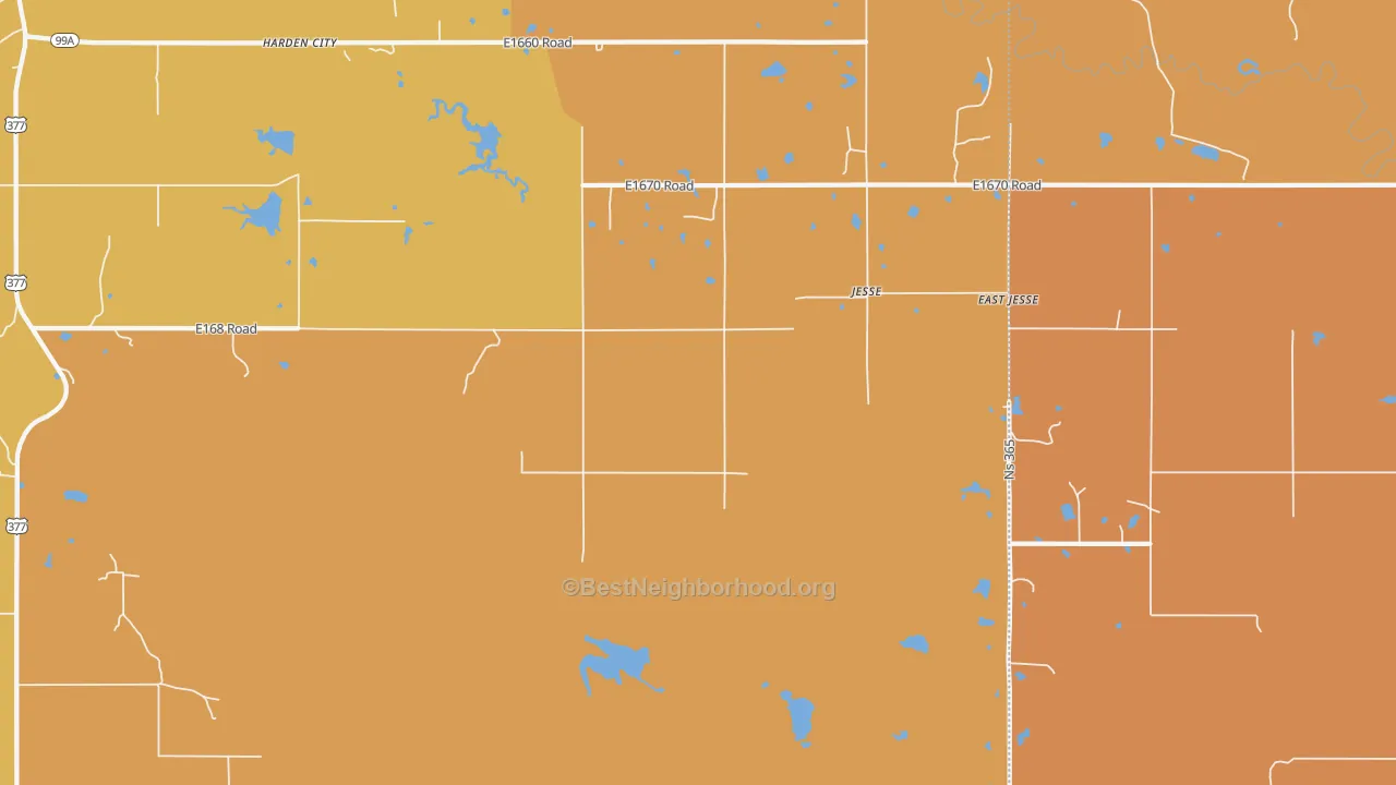 Map of the best neighborhoods in the Jesse area, with better matches in green and worse matches in red