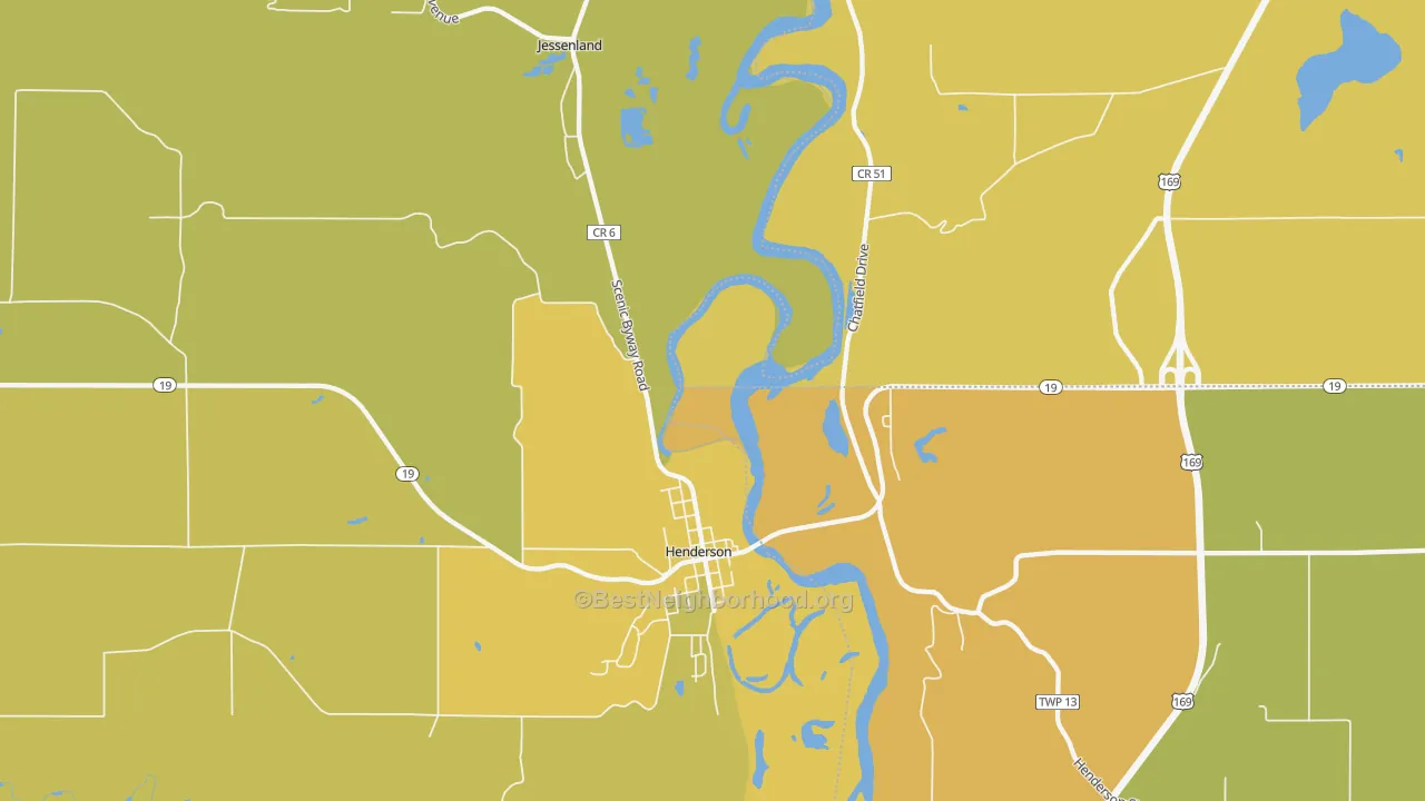Map of the best neighborhoods in the Jessenland area, with better matches in green and worse matches in red