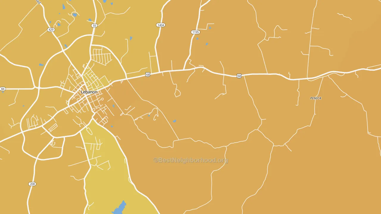 Map of the best neighborhoods in the Jessietown area, with better matches in green and worse matches in red