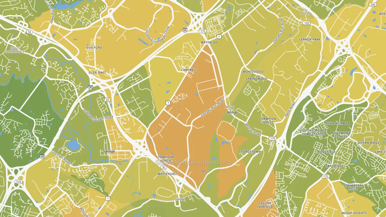 Map of the best neighborhoods in the Jessup area, with better matches in green and worse matches in red
