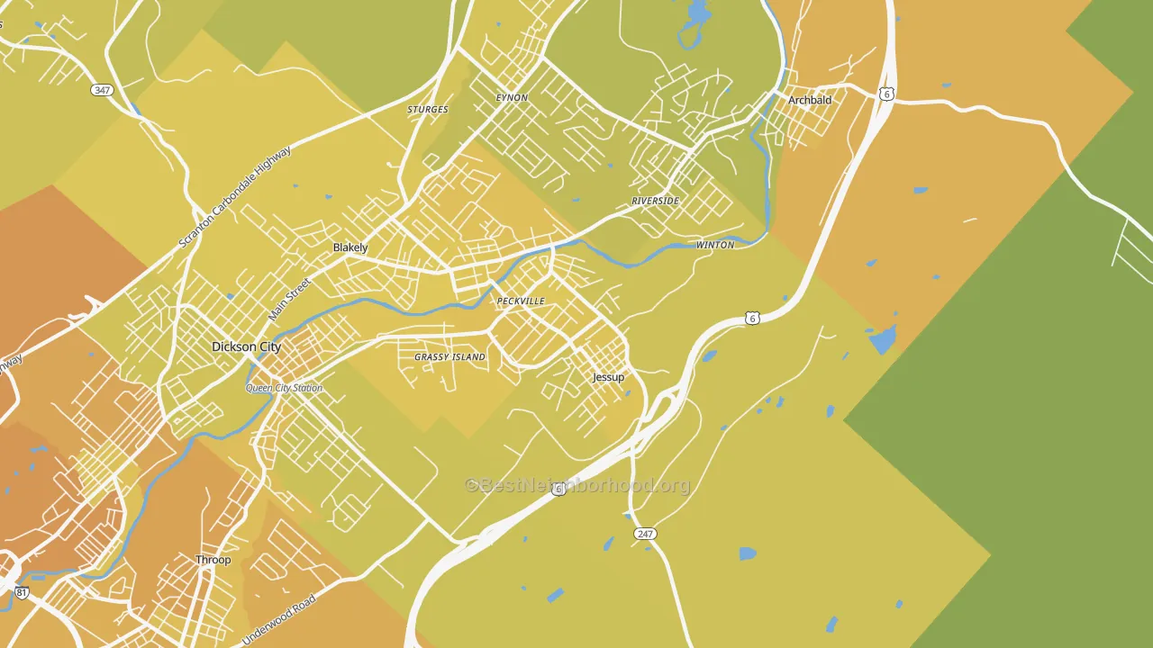 Map of the best neighborhoods in the Jessup area, with better matches in green and worse matches in red