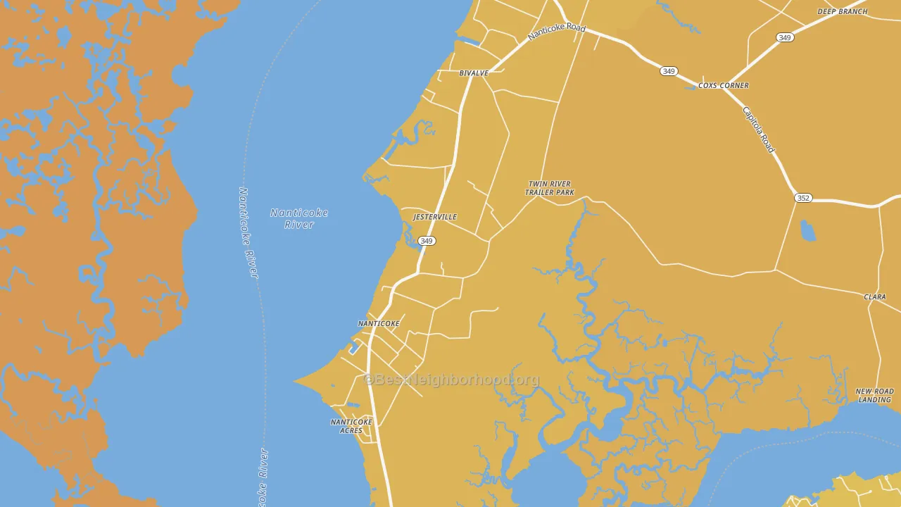 Map of the best neighborhoods in the Jesterville area, with better matches in green and worse matches in red