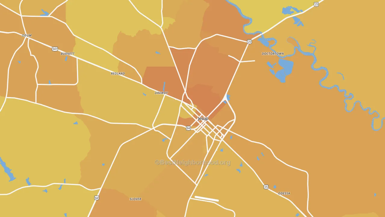 Map of the best neighborhoods in the Jesup area, with better matches in green and worse matches in red
