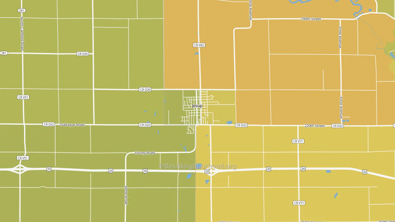 Map of the best neighborhoods in the Jesup area, with better matches in green and worse matches in red