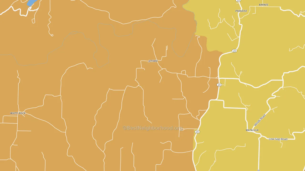 Map of the best neighborhoods in the Jethro area, with better matches in green and worse matches in red