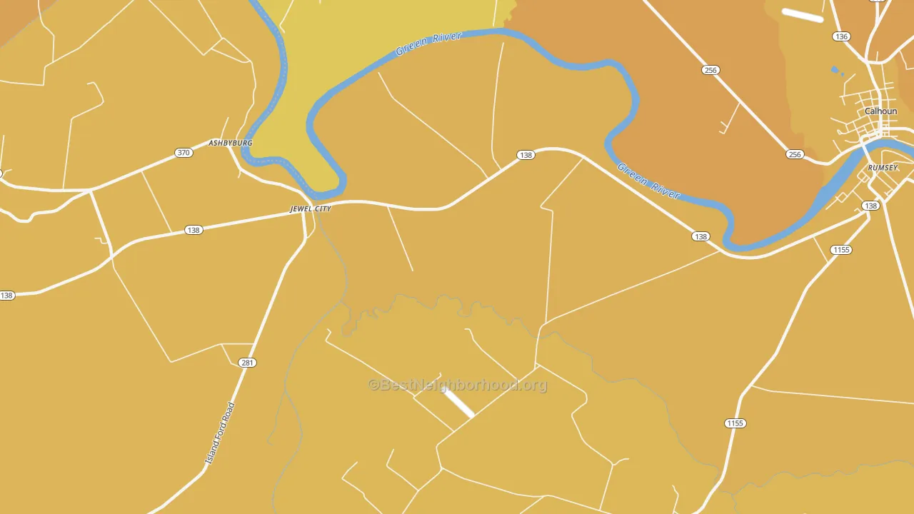 Map of the best neighborhoods in the Jewel City area, with better matches in green and worse matches in red