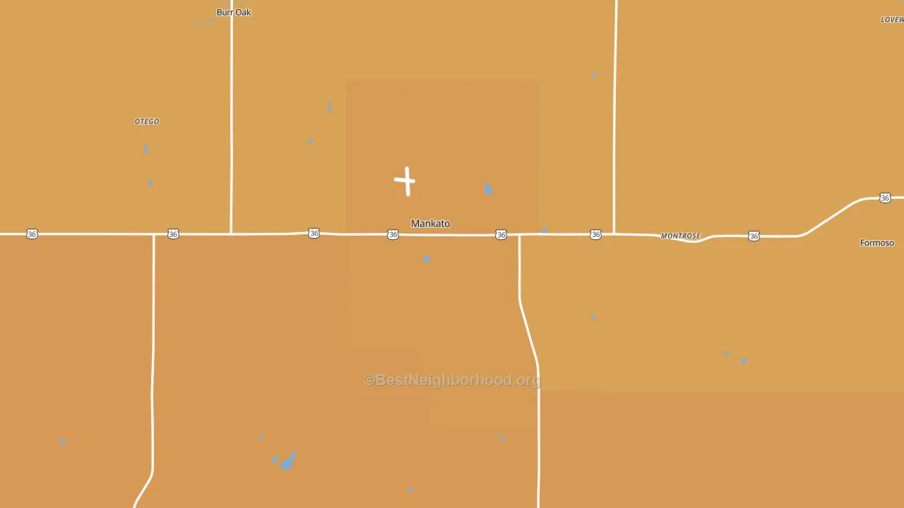 Map of the best neighborhoods in the Jewell County area, with better matches in green and worse matches in red