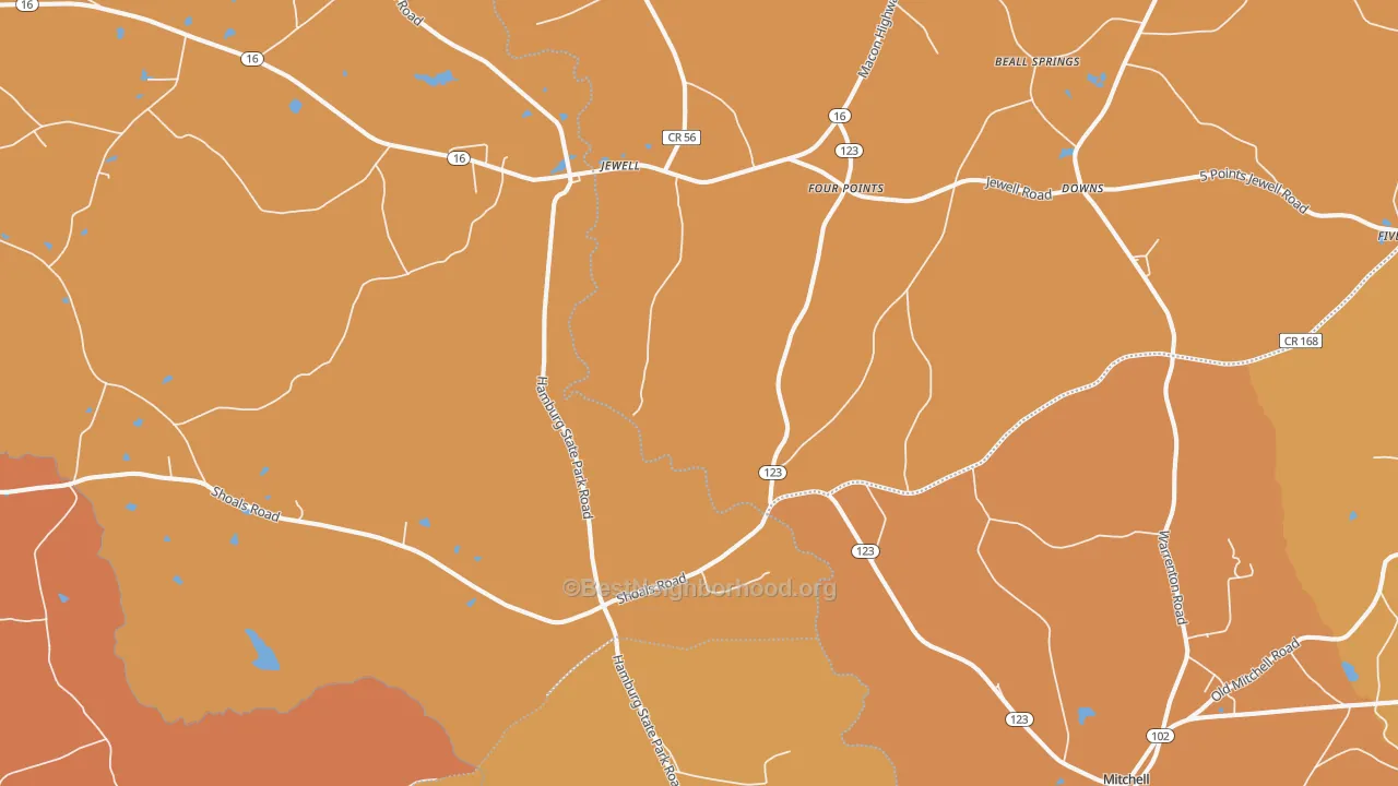 Map of the best neighborhoods in the Jewell area, with better matches in green and worse matches in red