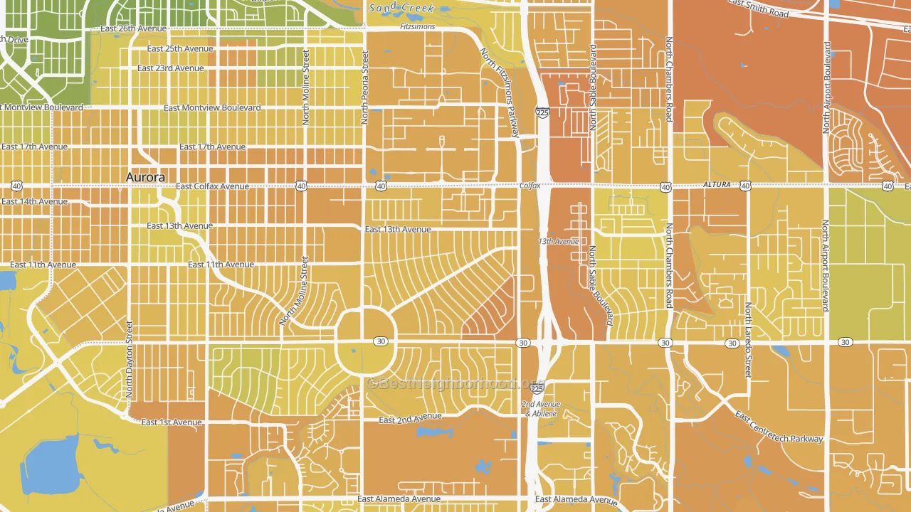 Map of the best neighborhoods in the Jewell Heights-Hoffman Heights, Aurora area, with better matches in green and worse matches in red
