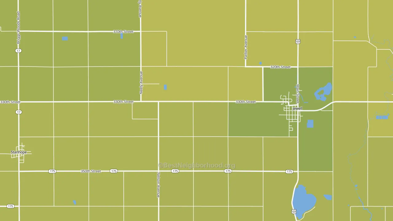 Map of the best neighborhoods in the Jewell area, with better matches in green and worse matches in red