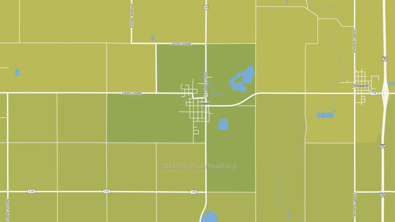 Map of the best neighborhoods in the Jewell Junction area, with better matches in green and worse matches in red
