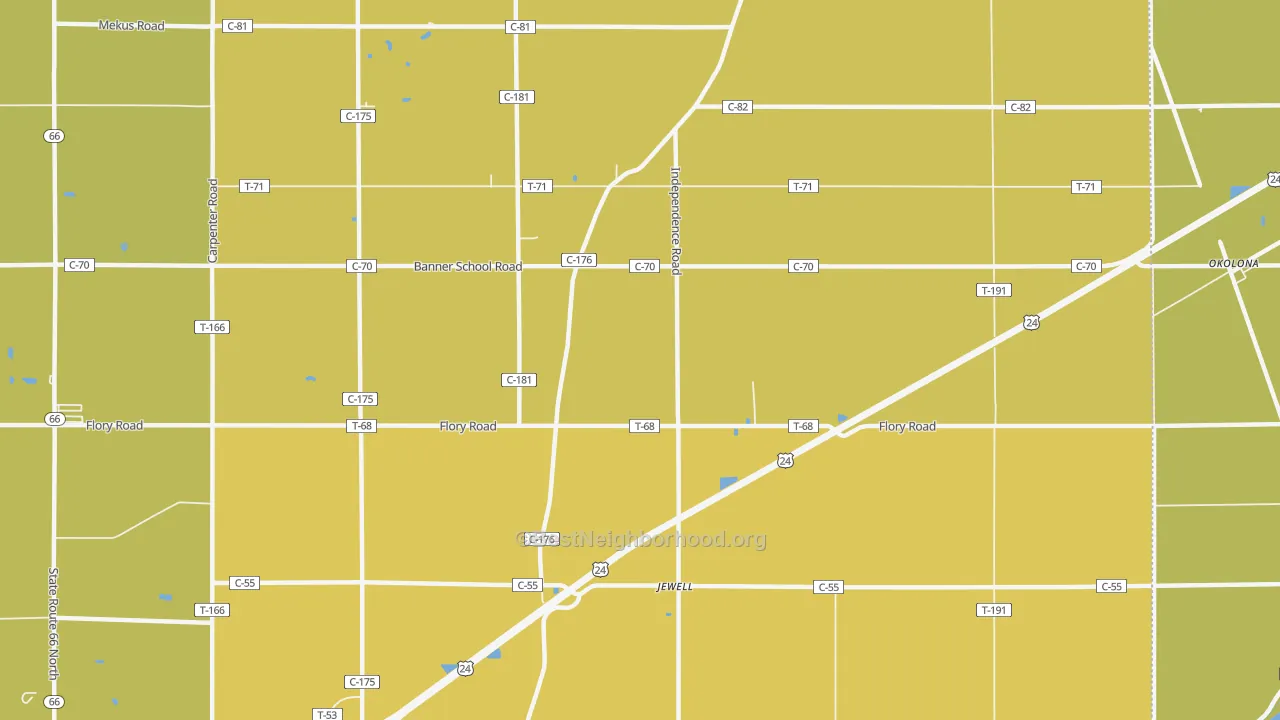 Map of the best neighborhoods in the Jewell area, with better matches in green and worse matches in red