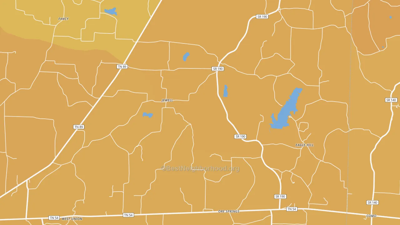 Map of the best neighborhoods in the Jewell area, with better matches in green and worse matches in red