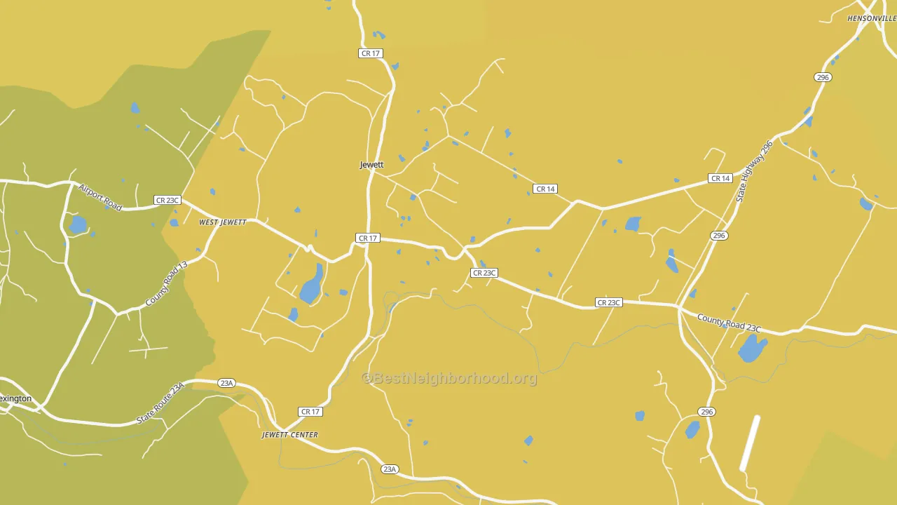 Map of the best neighborhoods in the Jewett area, with better matches in green and worse matches in red