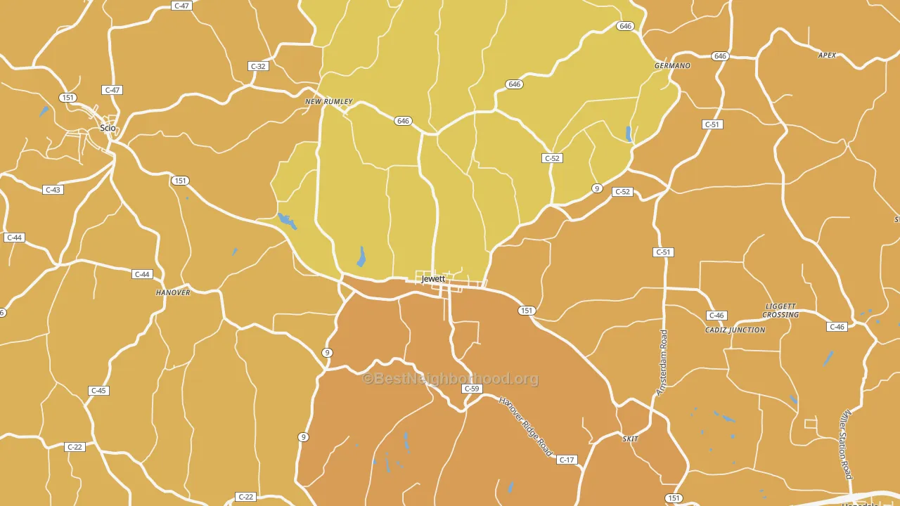 Map of the best neighborhoods in the Jewett area, with better matches in green and worse matches in red