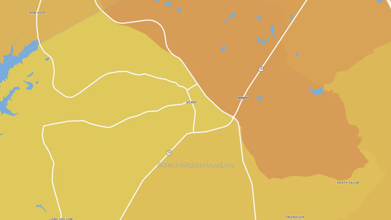 Map of the best neighborhoods in the Jewett area, with better matches in green and worse matches in red