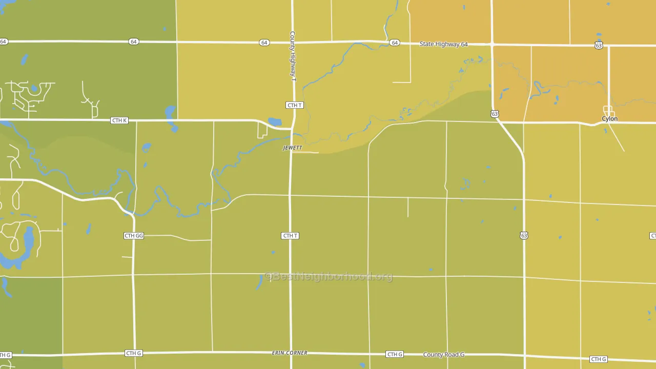 Map of the best neighborhoods in the Jewett area, with better matches in green and worse matches in red