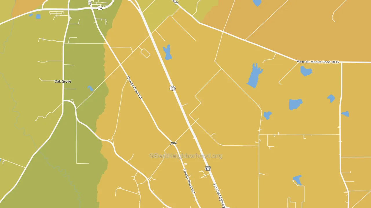 Map of the best neighborhoods in the Jiba area, with better matches in green and worse matches in red