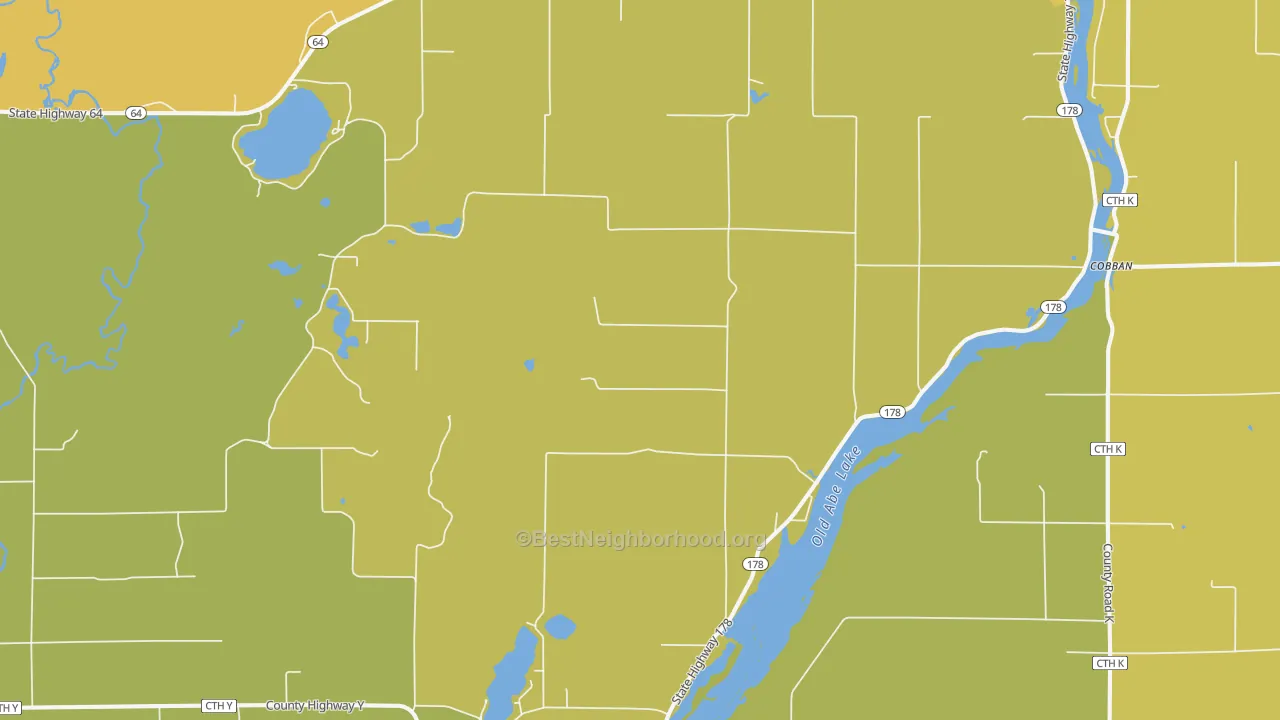 Map of the best neighborhoods in the Jim Falls area, with better matches in green and worse matches in red