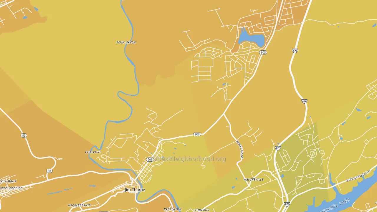 Map of the best neighborhoods in the Jim Thorpe area, with better matches in green and worse matches in red