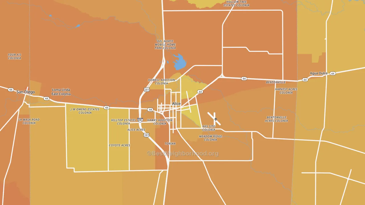 Map of the best neighborhoods in the Jim Wells County area, with better matches in green and worse matches in red