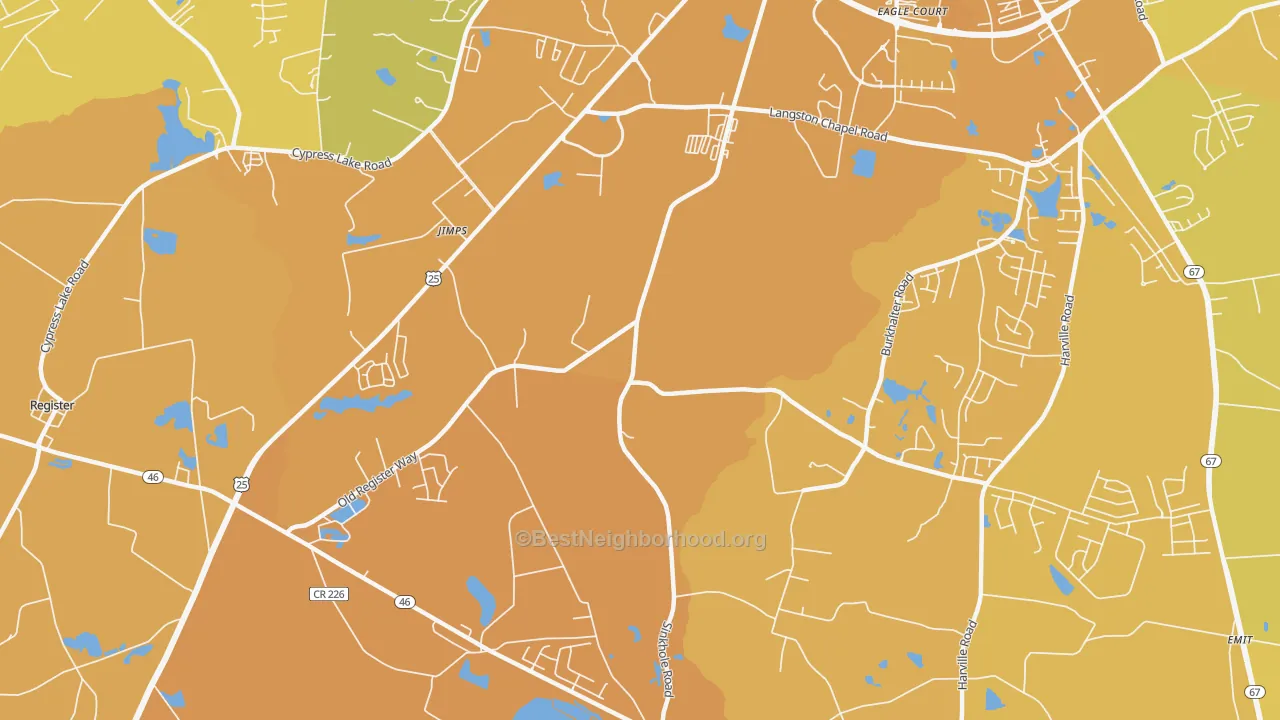Map of the best neighborhoods in the Jimps area, with better matches in green and worse matches in red
