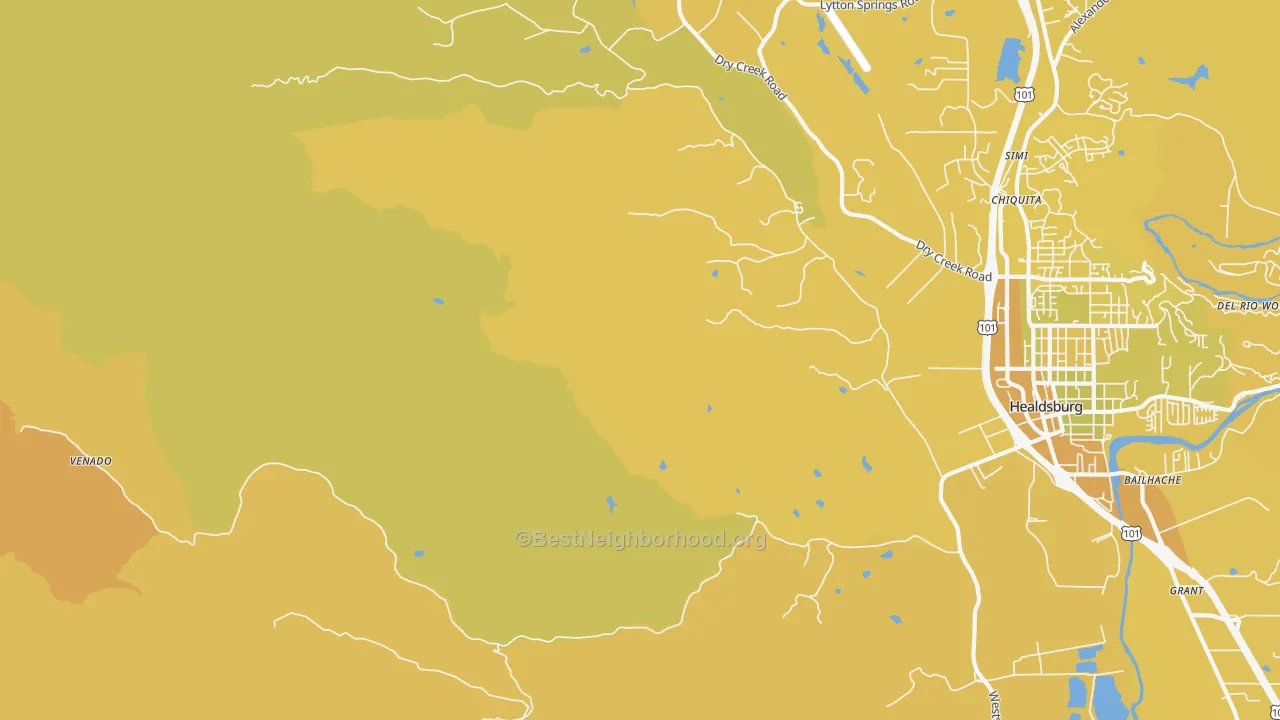 Map of the best neighborhoods in the Jimtown area, with better matches in green and worse matches in red