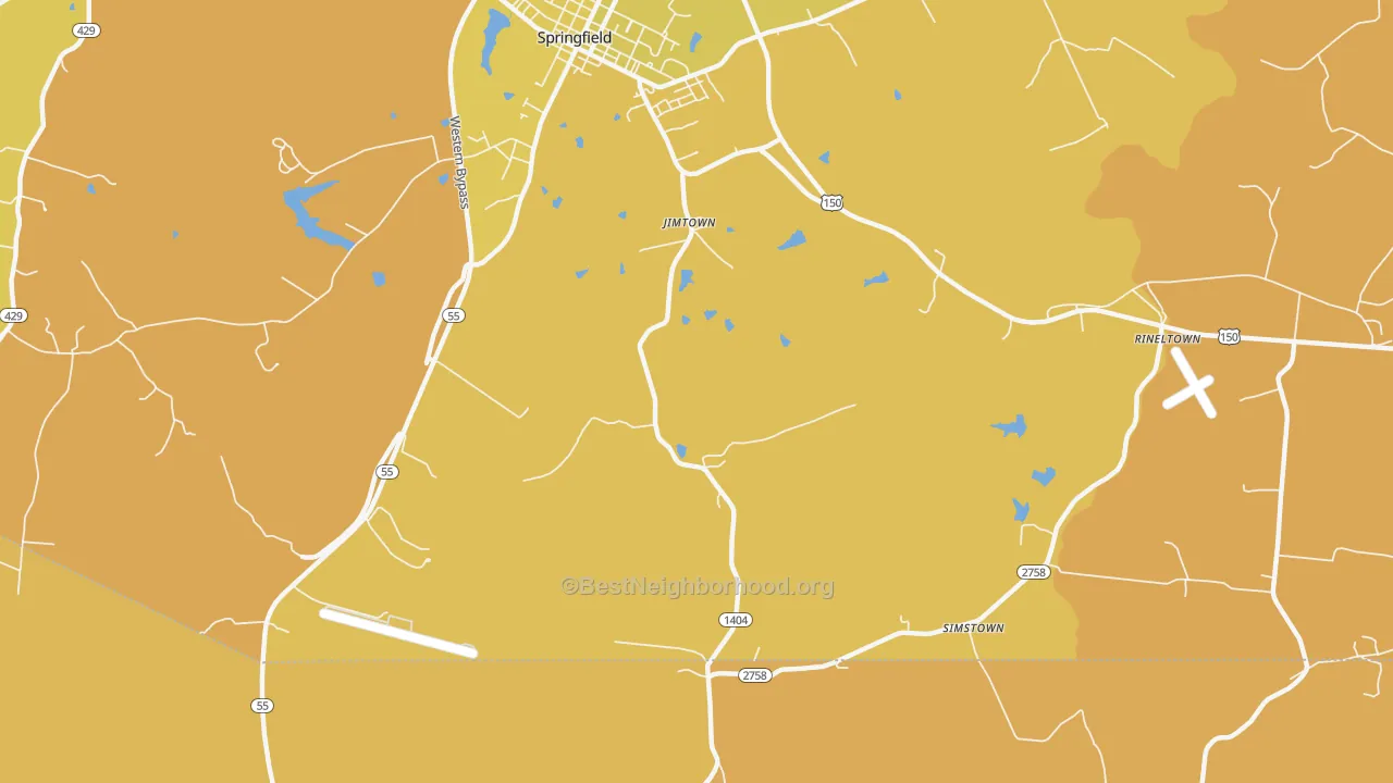 Map of the best neighborhoods in the Jimtown area, with better matches in green and worse matches in red