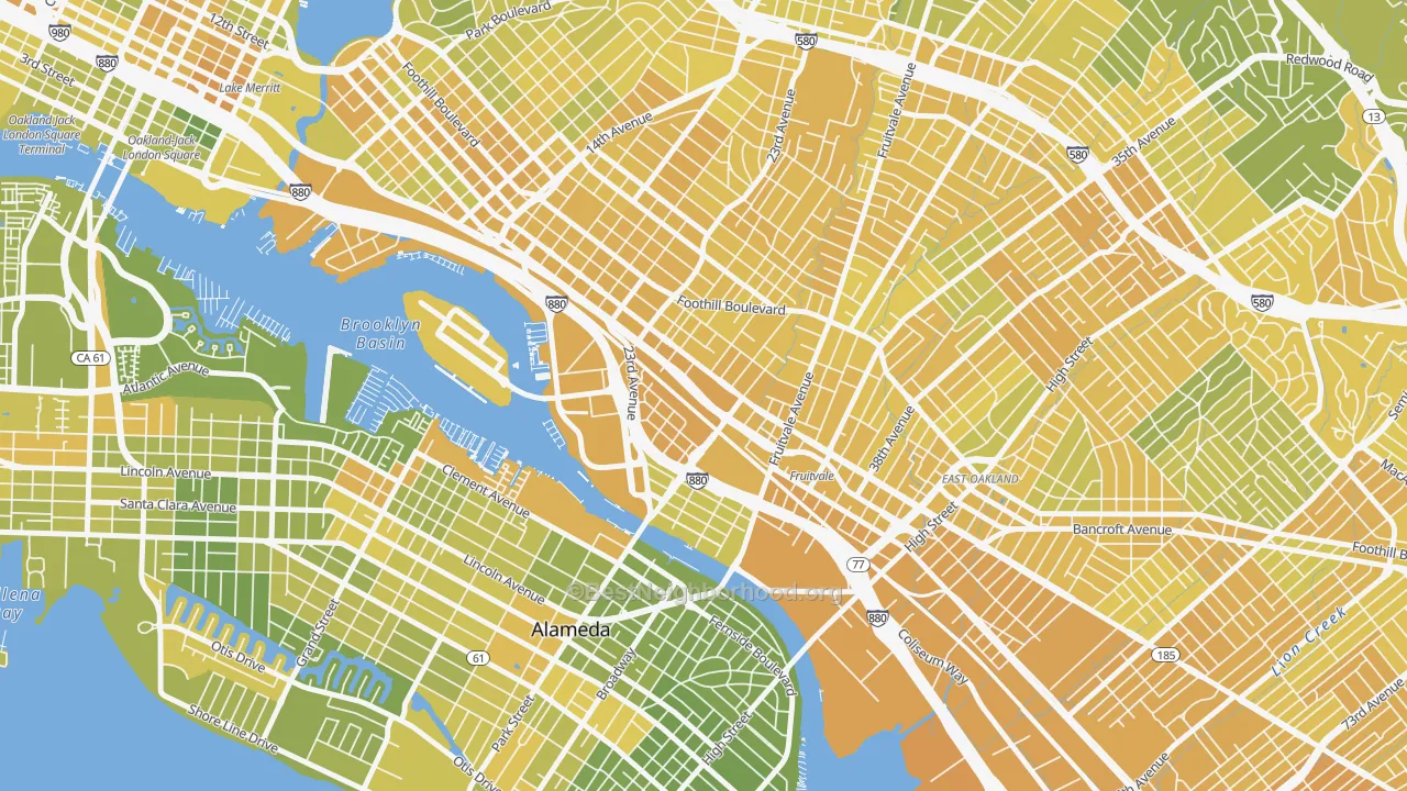 Map of the best neighborhoods in the Jingletown, Oakland area, with better matches in green and worse matches in red
