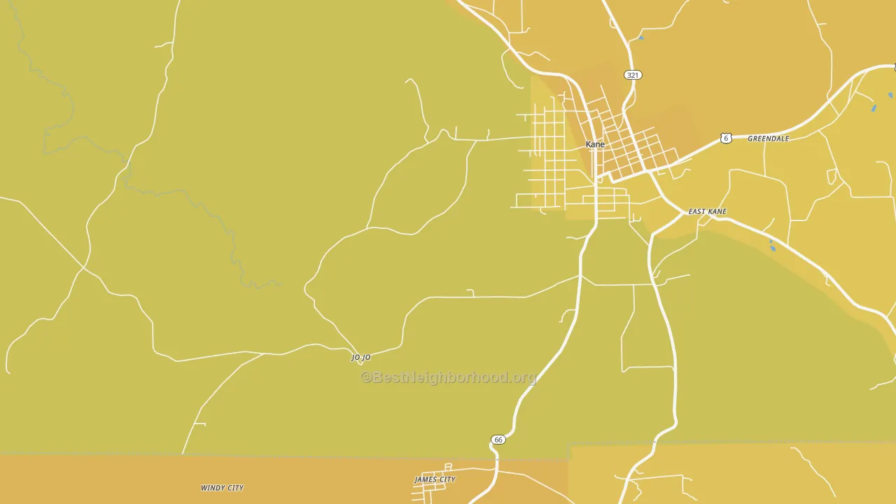 Map of the best neighborhoods in the Jo Jo area, with better matches in green and worse matches in red