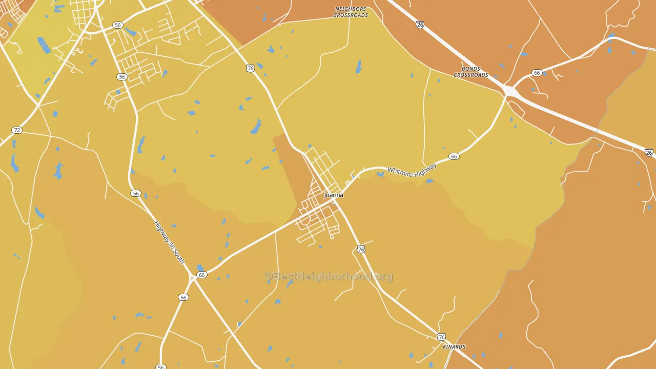 Map of the best neighborhoods in the Joanna area, with better matches in green and worse matches in red