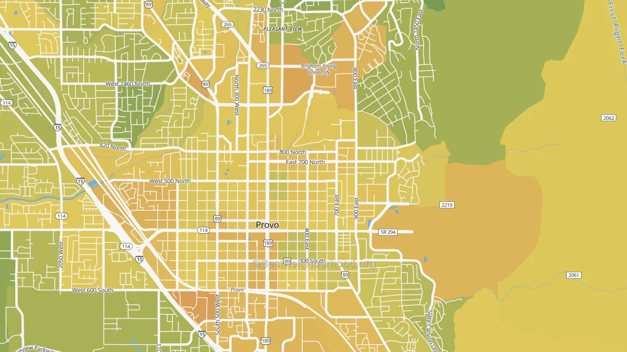 Map of the best neighborhoods in the Joaquin, Provo area, with better matches in green and worse matches in red