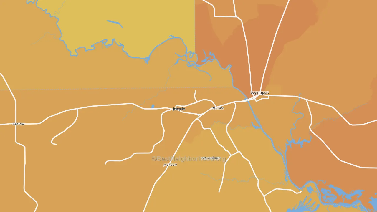 Map of the best neighborhoods in the Joaquin area, with better matches in green and worse matches in red