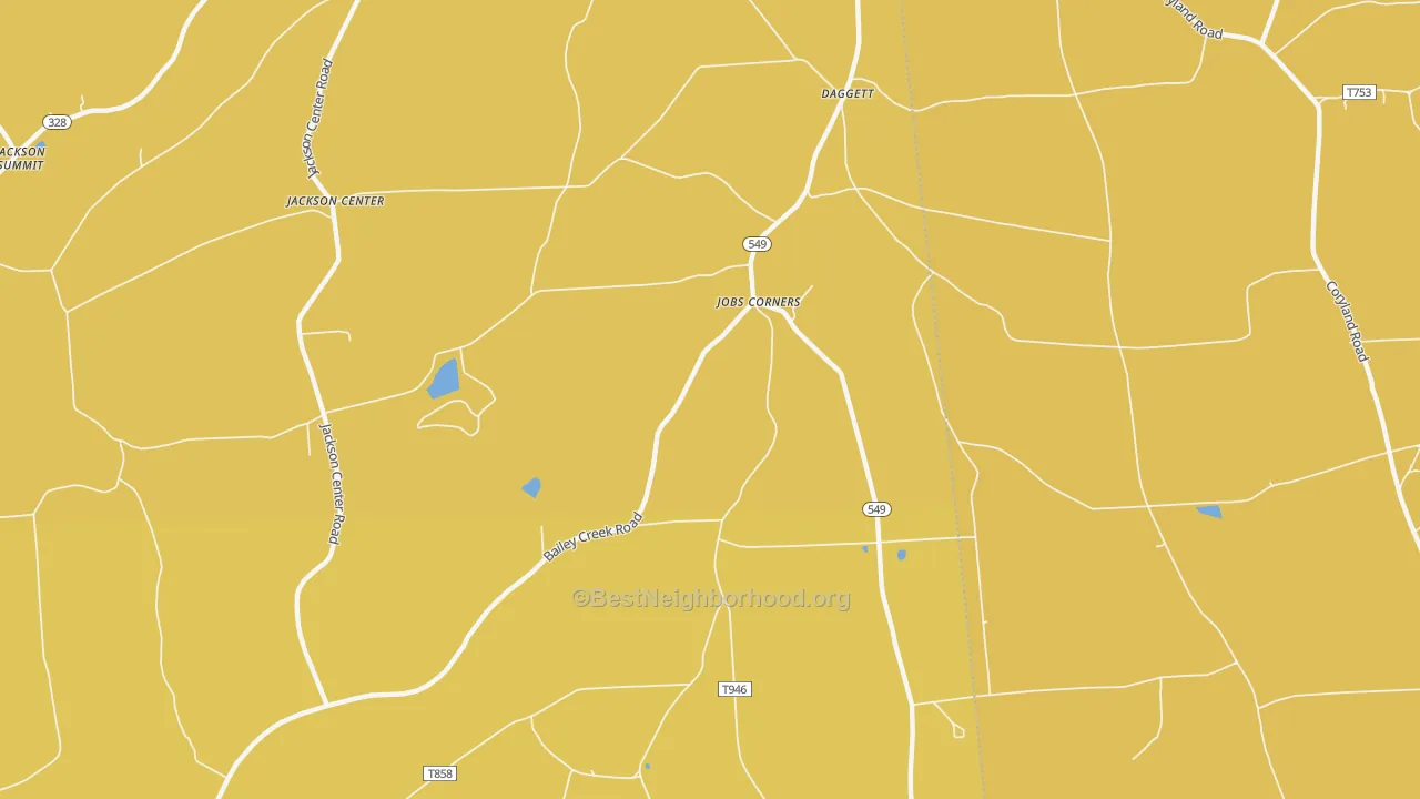 Map of the best neighborhoods in the Jobs Corners area, with better matches in green and worse matches in red