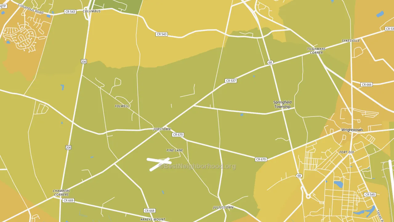 Map of the best neighborhoods in the Jobstown area, with better matches in green and worse matches in red