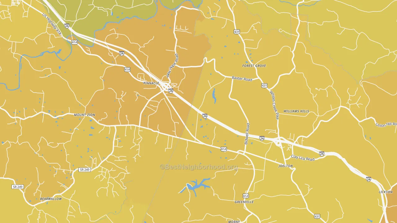 Map of the best neighborhoods in the Joelton area, with better matches in green and worse matches in red