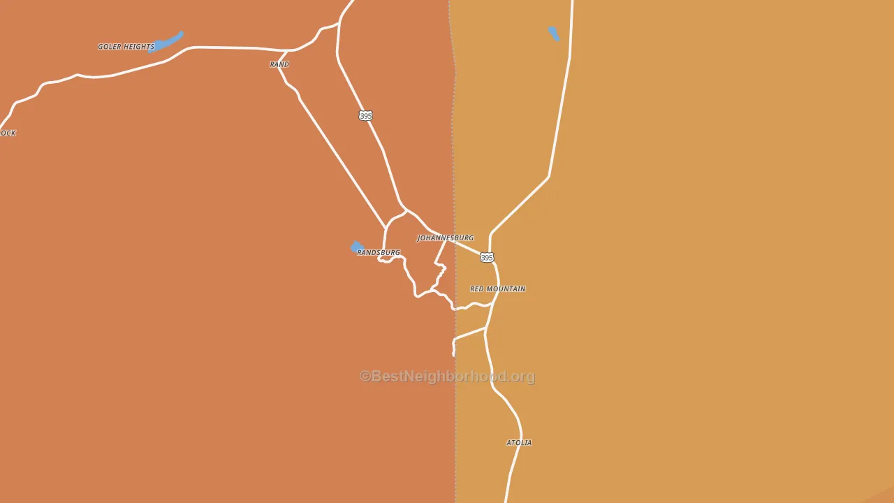 Map of the best neighborhoods in the Johannesburg area, with better matches in green and worse matches in red