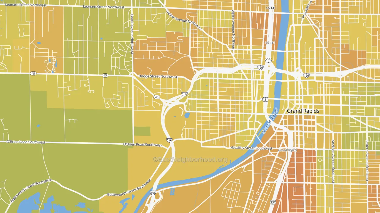 Map of the best neighborhoods in the John Ball Park, Grand Rapids area, with better matches in green and worse matches in red