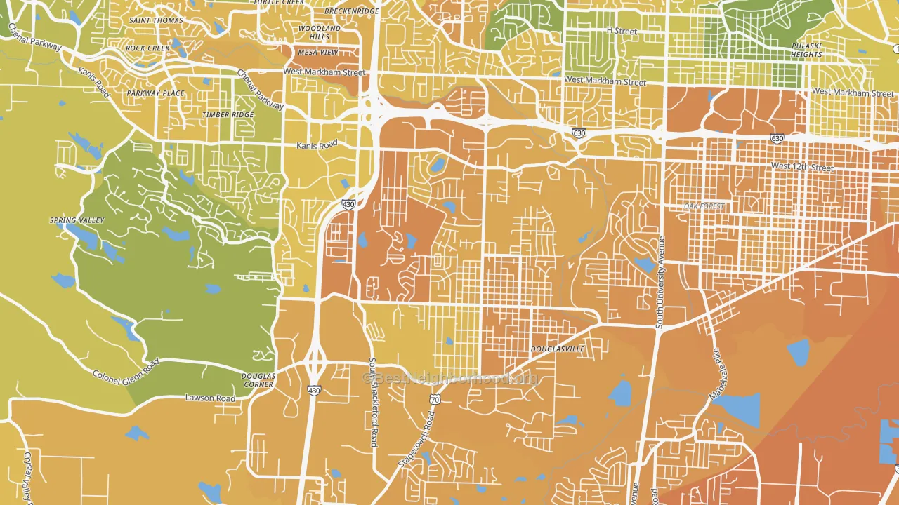 Map of the best neighborhoods in the John Barrow, Little Rock area, with better matches in green and worse matches in red