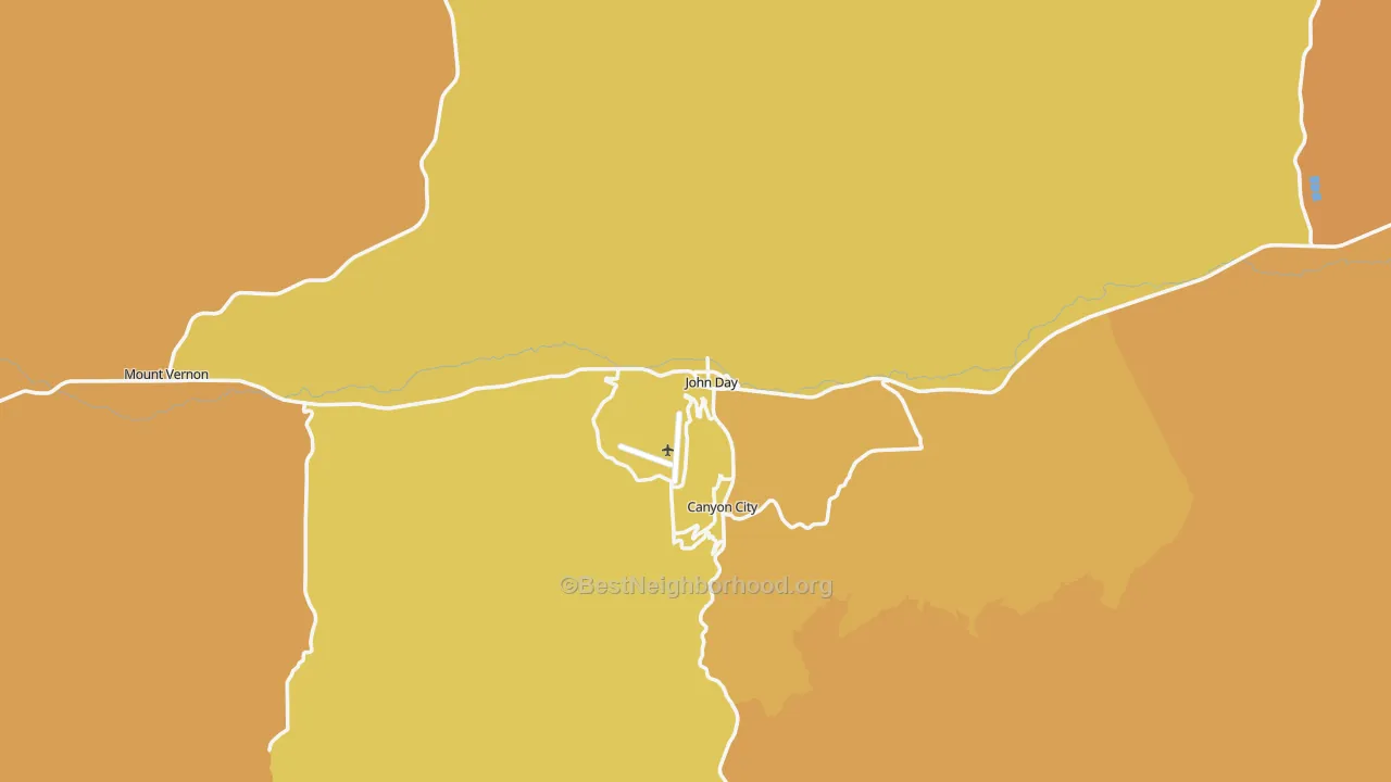 Map of the best neighborhoods in the John Day area, with better matches in green and worse matches in red