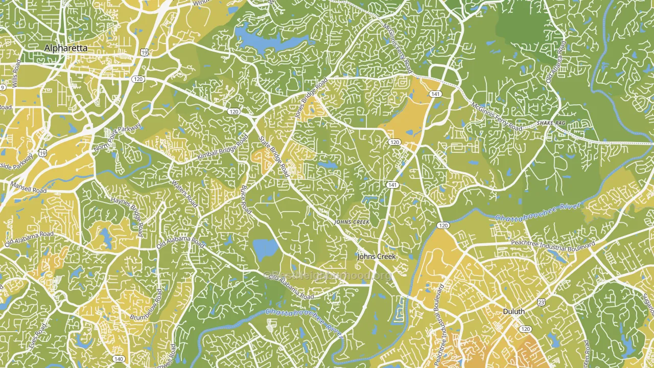 Map of the best neighborhoods in the Johns Creek area, with better matches in green and worse matches in red