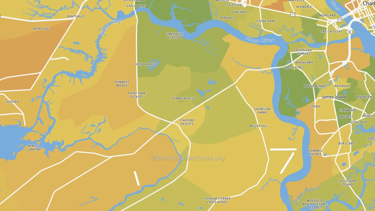 Map of the best neighborhoods in the Johns Island area, with better matches in green and worse matches in red