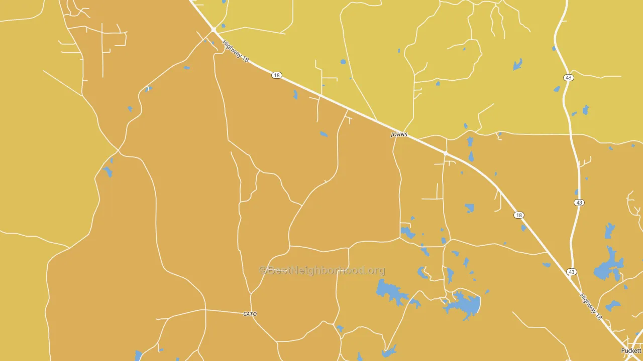 Map of the best neighborhoods in the Johns area, with better matches in green and worse matches in red