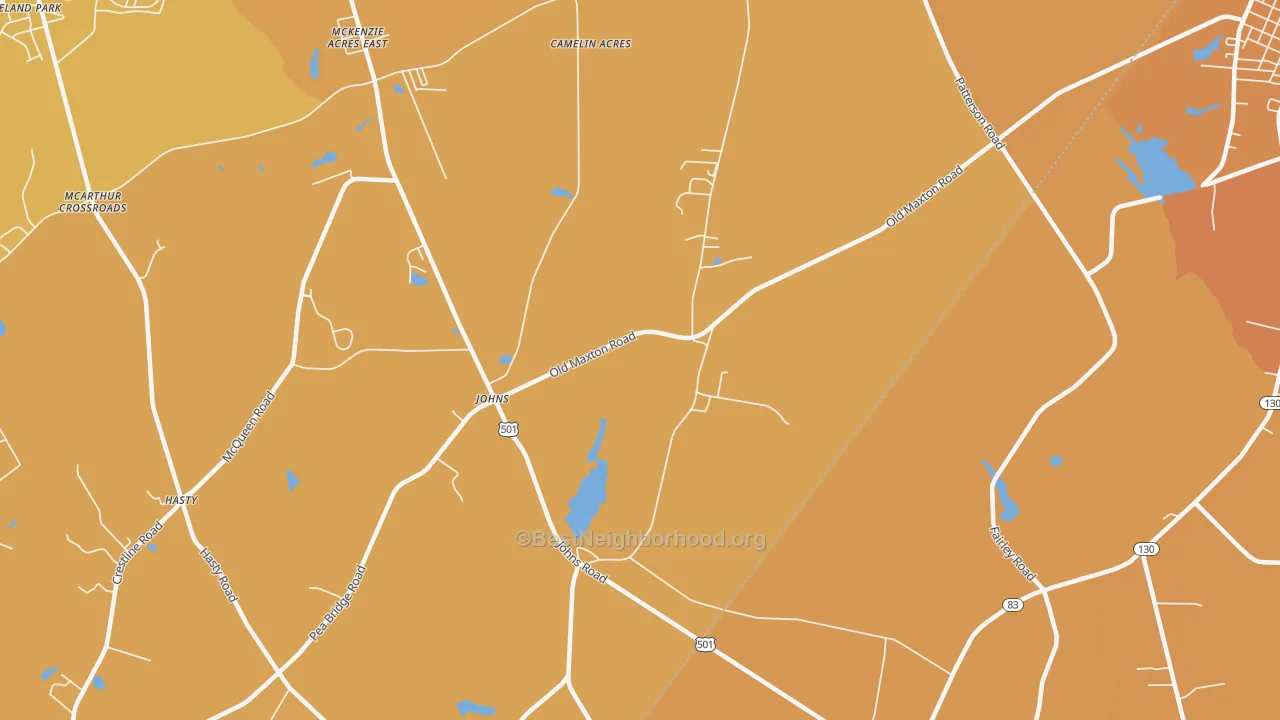 Map of the best neighborhoods in the Johns area, with better matches in green and worse matches in red