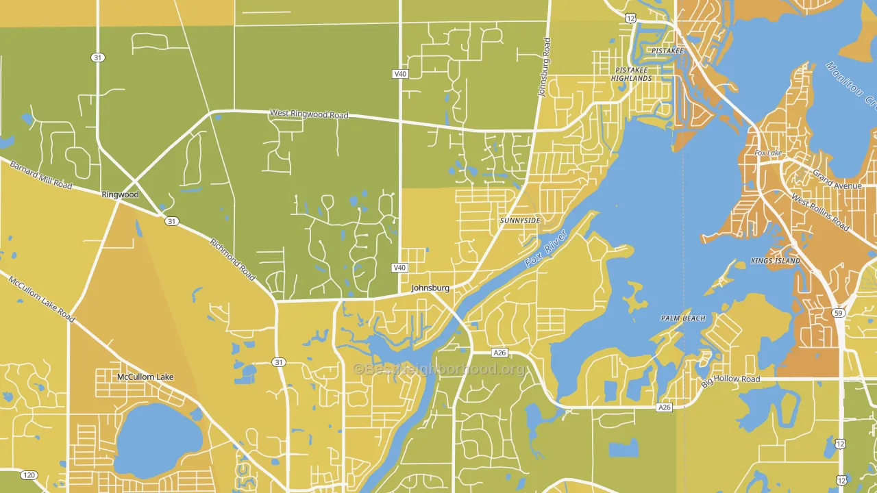 Map of the best neighborhoods in the Johnsburg area, with better matches in green and worse matches in red