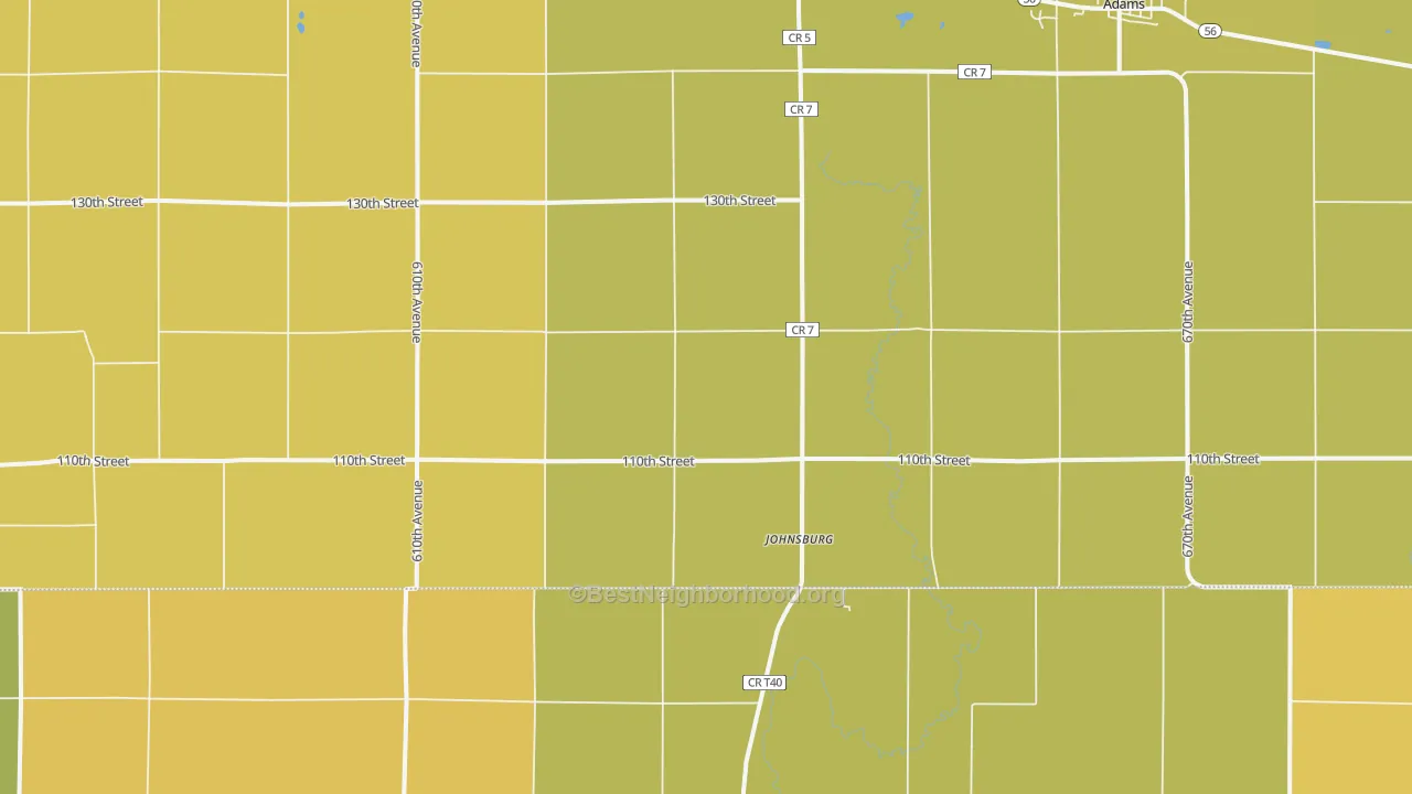 Map of the best neighborhoods in the Johnsburg area, with better matches in green and worse matches in red