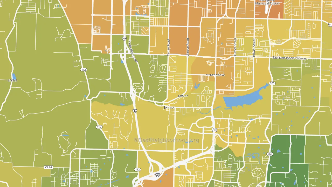 Map of the best neighborhoods in the Johnson area, with better matches in green and worse matches in red
