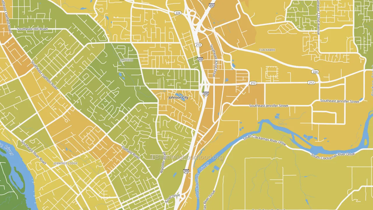 Map of the best neighborhoods in the Johnson City area, with better matches in green and worse matches in red