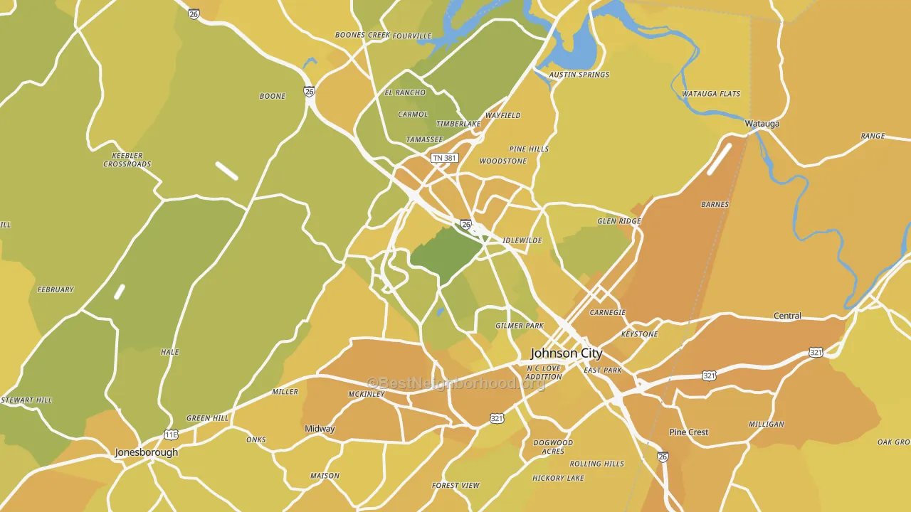 Map of the best neighborhoods in the Johnson City Metro area, with better matches in green and worse matches in red