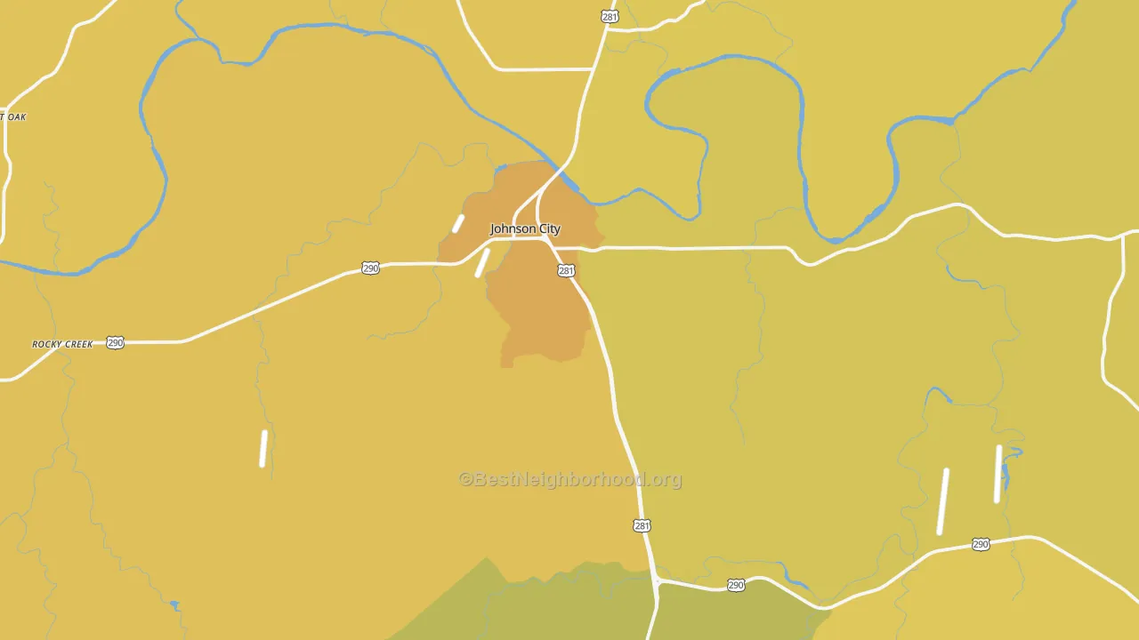 Map of the best neighborhoods in the Johnson City area, with better matches in green and worse matches in red